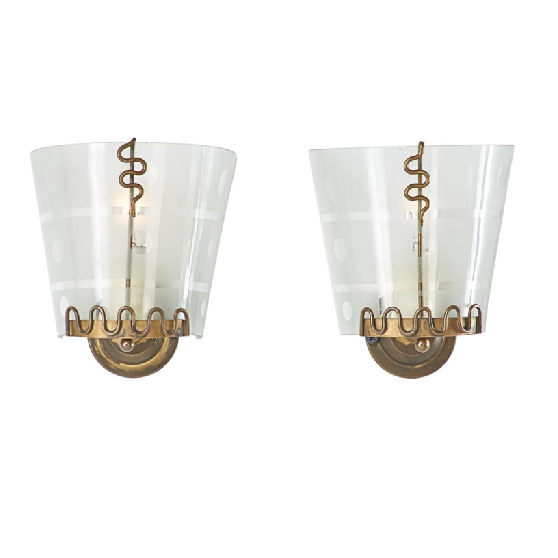STYLE OF GIO PONTI: Pair of wall sconces, Italy, ca. 1950 Brass, clear and frosted glass Unmarked 5 1/4" x 5 1/4" x 3 1/2"