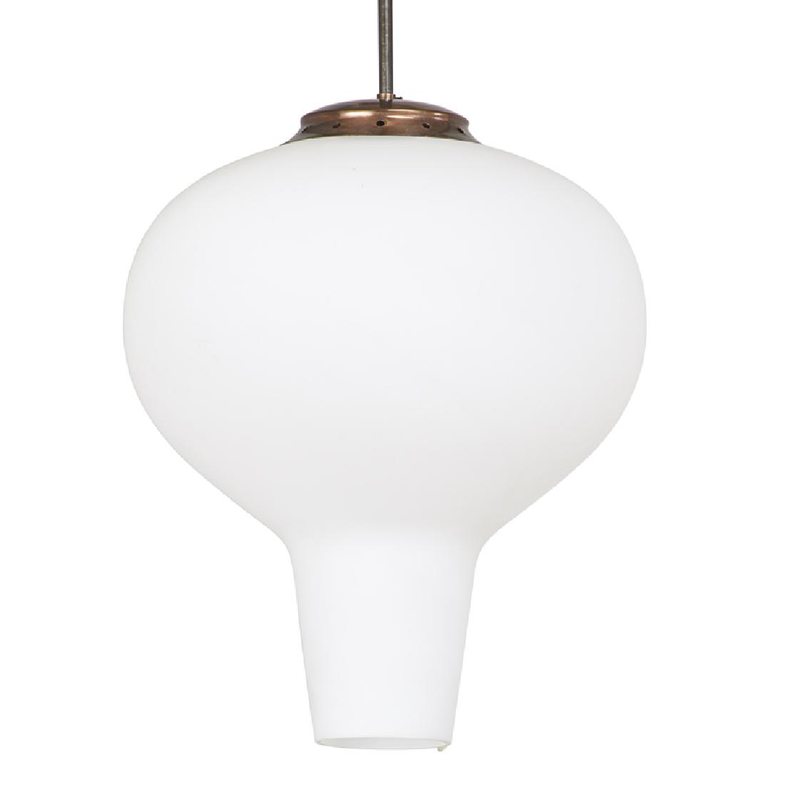 MAX INGRAND; FONTANA ARTE: Pendant lamp, Italy, ca. 1956 Enameled and patinated metal, milk glass Unmarked As shown: 43" x 13" dia.