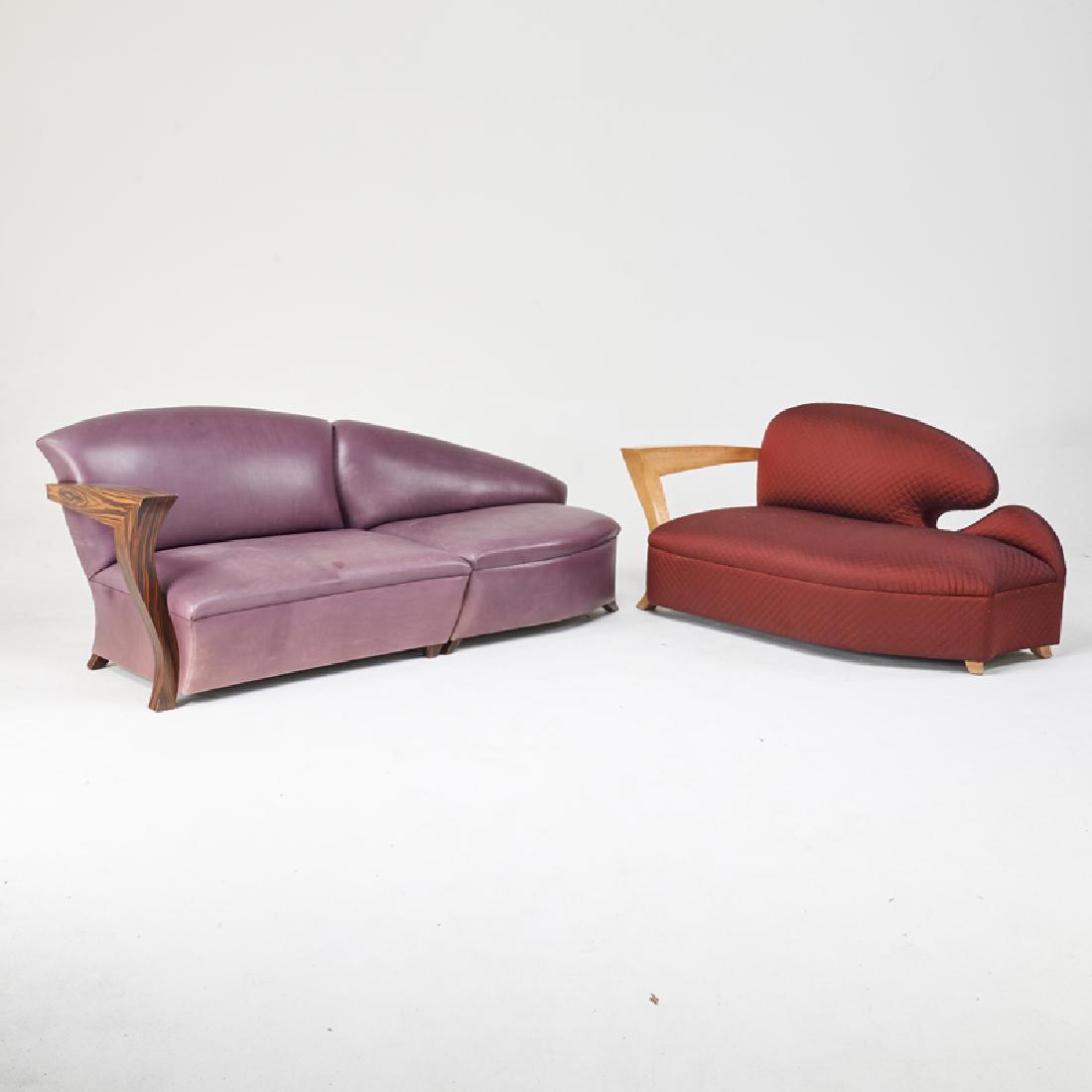 CONTEMPORARY: Two Postmodern sofas: two-piece sectional and two-seat, 1990s Maple and rosewood veneer, fabric and leather upholstery Largest: 35" x 52" x 35"