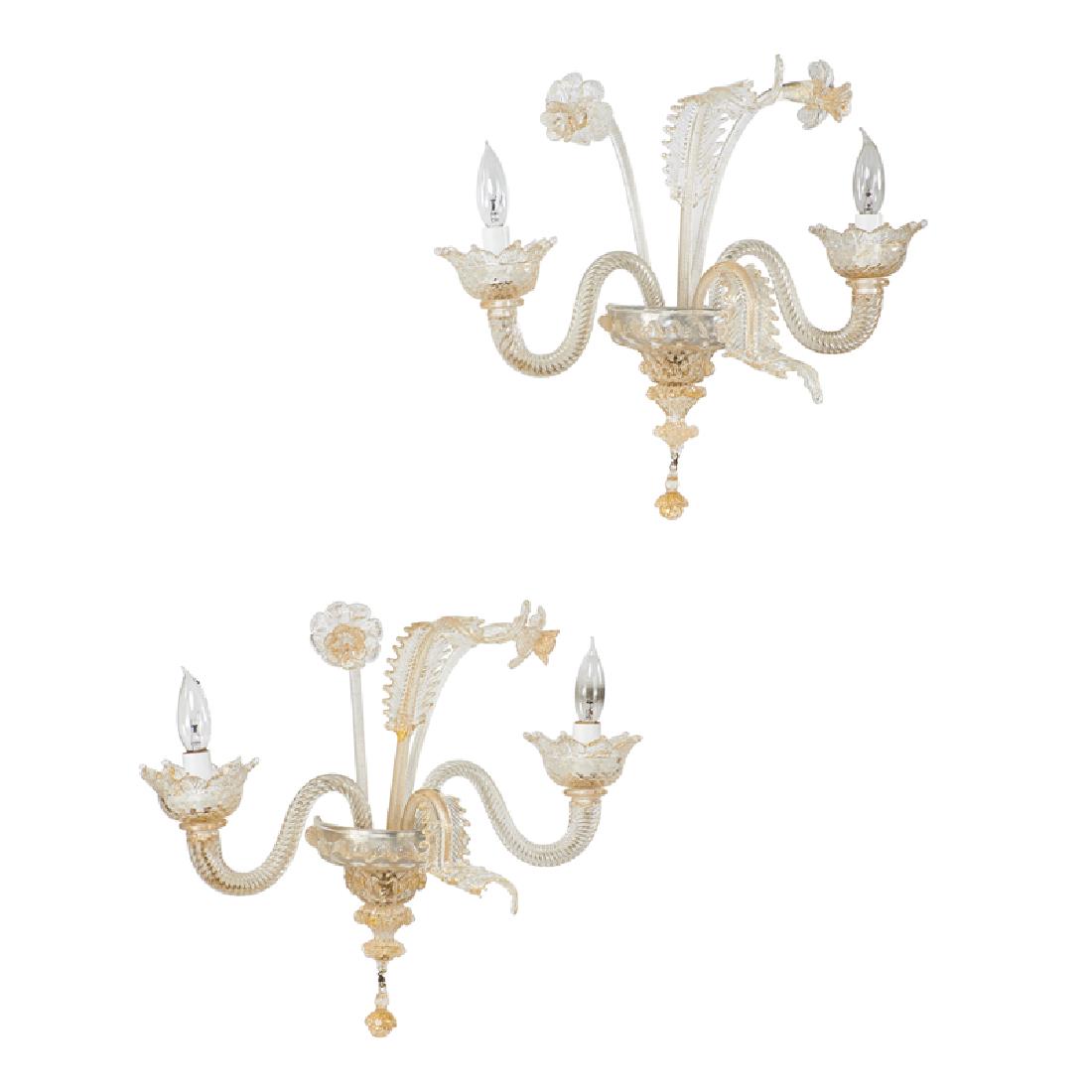 MURANO: Pair of Venetian two-arm sconces, with gold inclusions and floral/foliate decorations (en suite with preceding), Italy, ca. 1950s Blown glass, metal fittings Unmarked 16" x 17" x 8"