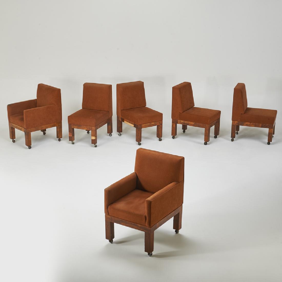 PAUL EVANS; DIRECTIONAL: Set of six dining chairs, two arm-, four side-, USA, 1970s Walnut burl, microfiber upholstery, casters Unmarked Arm-: 21 1/2" x 25", side-: 34" x 18 1/2" x 25 12"