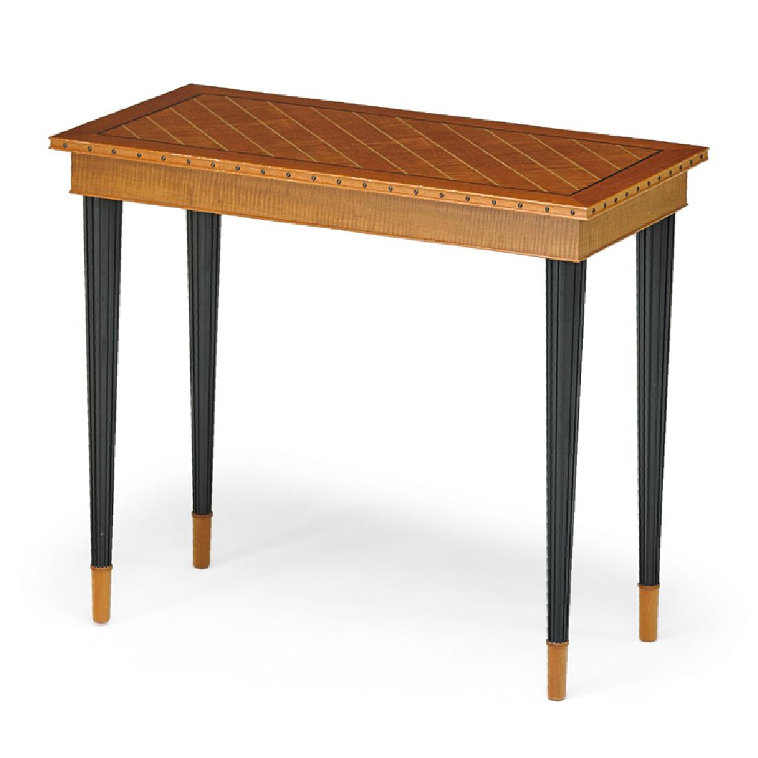 RICK WRIGLEY: Button-edge table, Massachusetts, ca. 1988 Fiddleback mahogany, satinwood inlay, metal buttons, holly, and enameled wood Unmarked 30" x 34" x 17" Provenance: Snyderman Gallery, Philadelphia, PA, 1988 