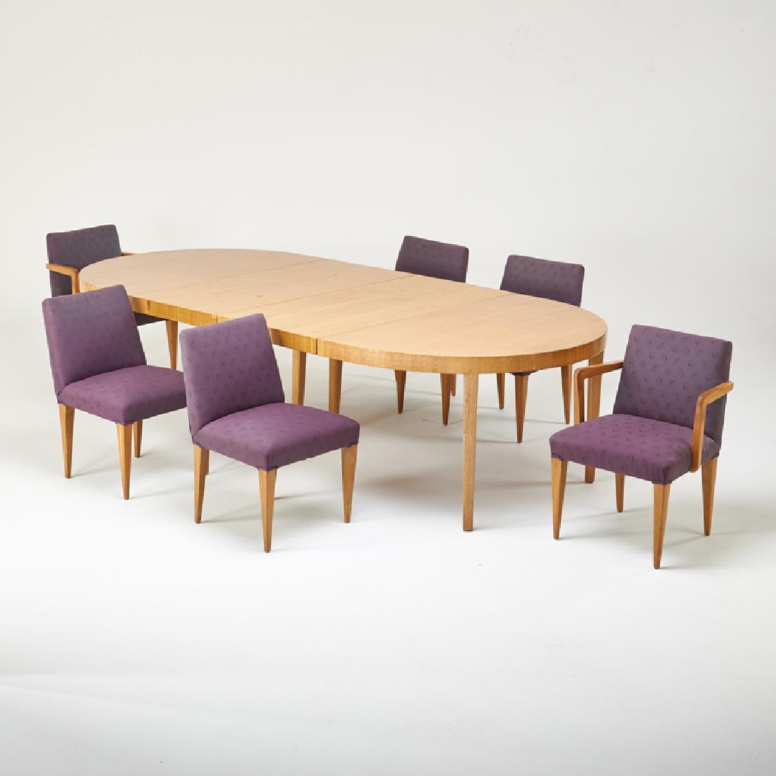 EDWARD WORMLEY; DUNBAR: Extension dining table and six chairs (two arm-, four side-), Berne, IN, ca. 1940s Bleached mahogany, upholstery Unmarked Table closed: 66" x 29" x 52", two leaves: 24", armchair: 31" x 22 1/2" x 21",
