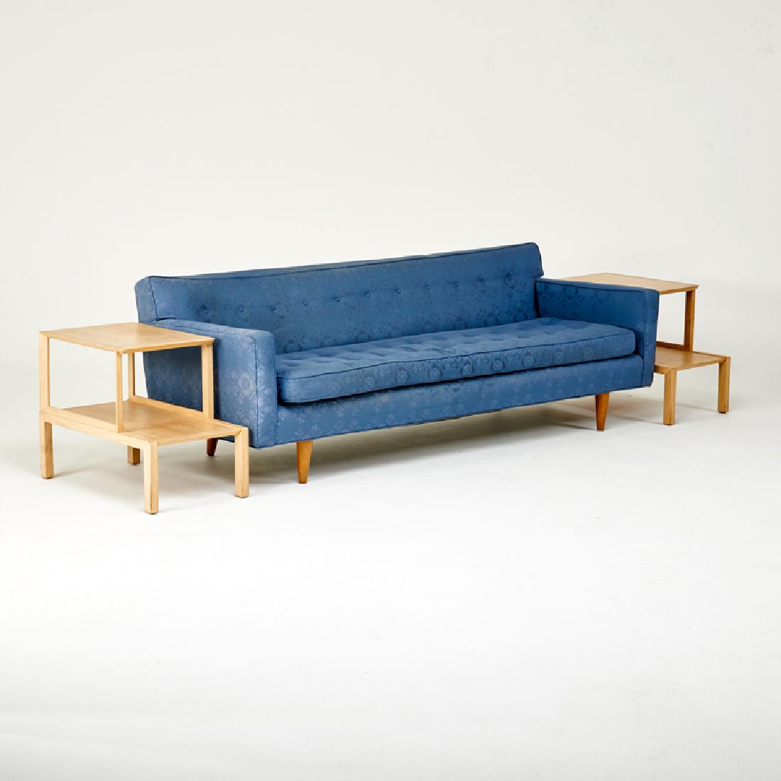 EDWARD WORMLEY; DUNBAR: Sofa and pair of side tables, Berne, IN, ca. 1960s Bleached mahogany, upholstery Table branded, sofa unmarked Sofa: 29" x 86 1/2" x 34", tables: 22" x 16 1/2" x 29"