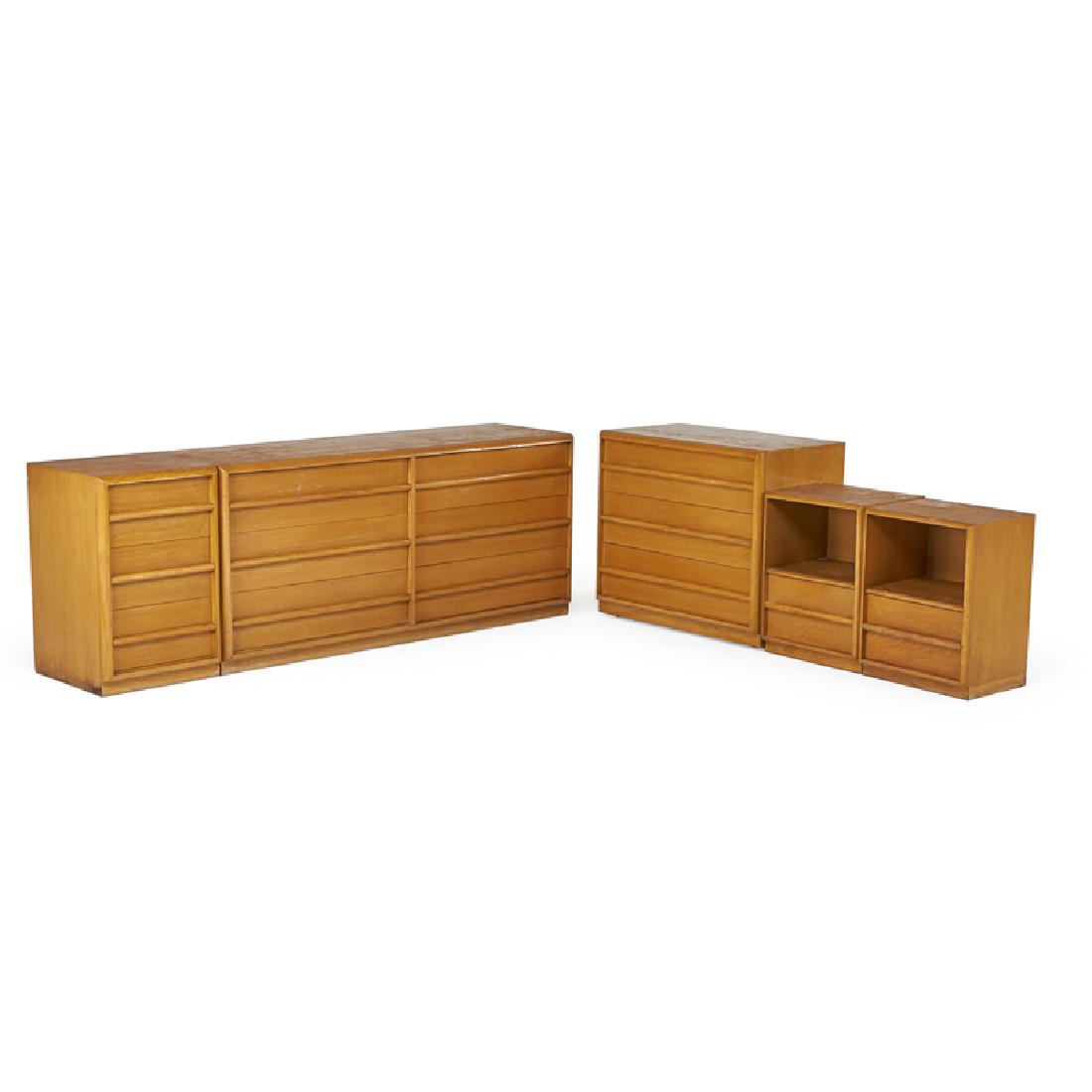 T.H. ROBSJOHN-GIBBINGS; WIDDICOMB: Bedroom set: three dressers and pair of nightstands, Grand Rapids, MI, mid 20th c. Bleached walnut Unmarked Long dresser: 30 1/2" x 68 1/2" x 20 1/2", medium dresser: 31" x 35" x 20 1/2", small: 30 1/