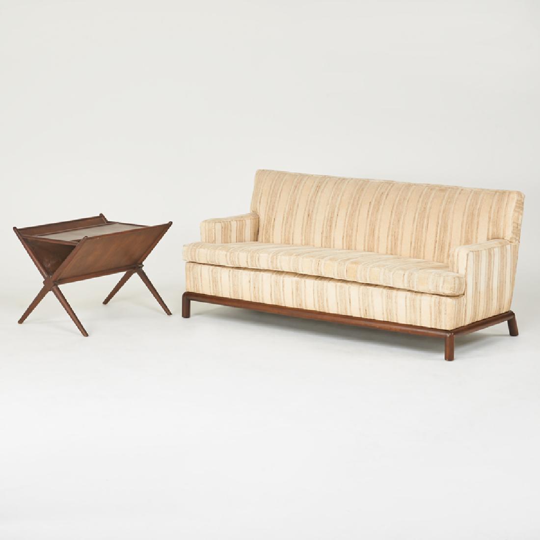 T.H. ROBSJOHN-GIBBINGS (1905 - 1976); WIDDICOMB: Sofa and magazine table, Grand Rapids, MI, ca. 1950s Stained wood, upholstery Magazine table marked Sofa: 33" x 71" x 34", magazine table: 22 1/2" x 23 1/2" x 30"