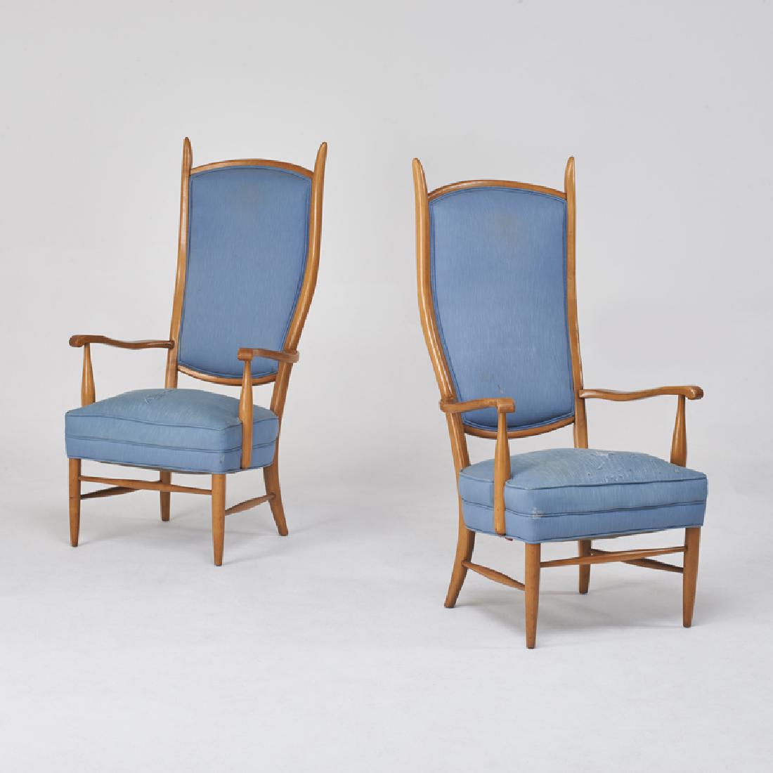 STYLE OF MAXWELL ROYAL; DUNBAR: Pair of country parsons chairs, Hickory, NC, 1960s Sculpted birch, upholstery 50" x 26 1/2" x 31"