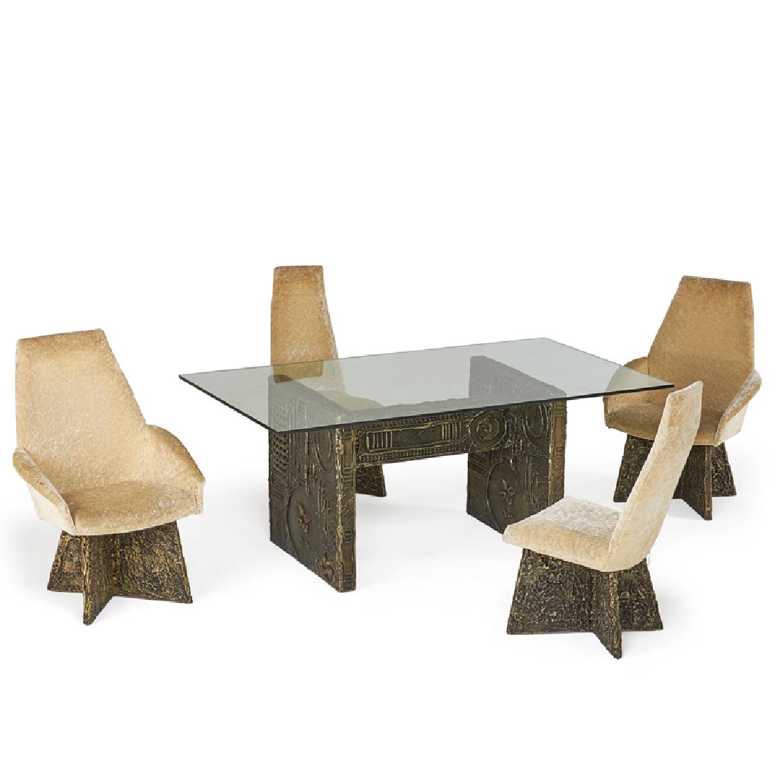 ADRIAN PEARSALL; CRAFT ASSOCIATES: Brutalist dining table and four chairs, two arm- and two side-, Wilkes Barre, PA, 1960s Bronzed resin relief, upholstery, glass Unmarked Table: 30" x 72" x 40", armchair: 39" x 27 1/2" x 27"