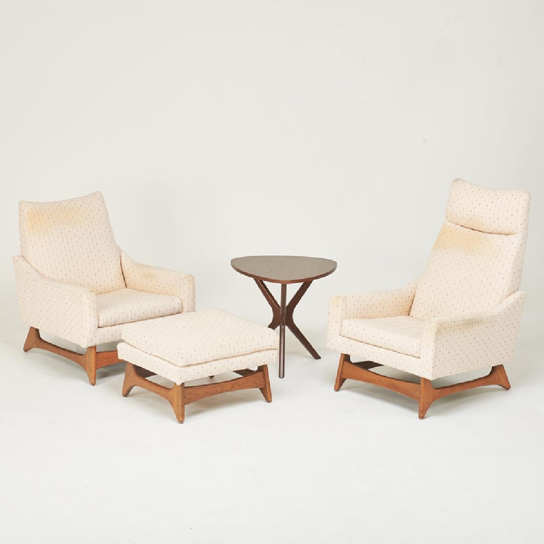 ADRIAN PEARSALL; CRAFT ASSOCIATES: Tall and low-back lounge chairs, side table, and ottoman, Wilkes-Barre, PA, 1960s Stained wood, upholstery Taller chair: 42" x 28" x 33", shorter chair: 33" x 28" x 33", ottoman: 16" x 25" x 23", tabl