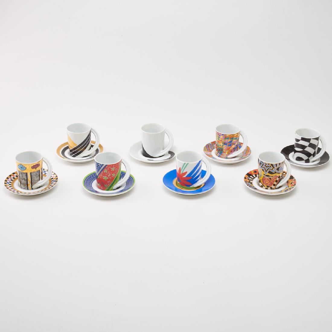 ROSENTHAL STUDIO LINE: Sixteen-piece assembled demitasse set: eight cups (2") and saucers (4"), by Sharon Yang NR.22, Barbara Brenner NR. 2, Jan Van Der Vaart NR. 11, Marcello Morandini NR. 12, Rosamunde Nairac NR. 13, Karl