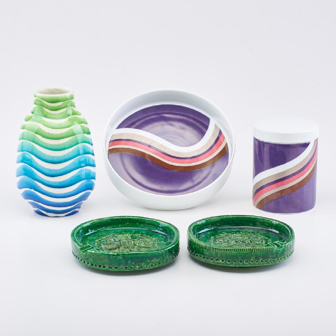 ROSENTHAL STUDIO LINE; BITOSSI ; RAYMOR: Five pieces: Rosenthal lidded canister and matching bowl, "Ocean Waves" vase, and pair of ashtrays, Germany/Italy, mid 20th c. Glazed porcelain/ceramic All marked Tallest: 7" x 4 1/4"