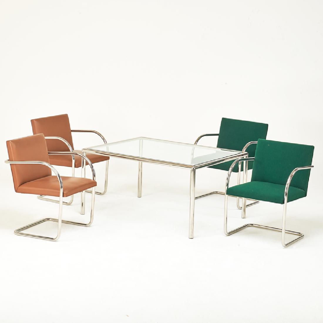 MIES VAN DER ROHE; KNOLL INTERNATIONAL , ETC.: Four BRNO armchairs and a low table, New York, 1980s Stainless steel, leather, fabric, glass Chairs labeled, table unmarked Chairs: 30 1/2" x 20 1/2" x 25", table: 24 1/2" x 48" x 36"