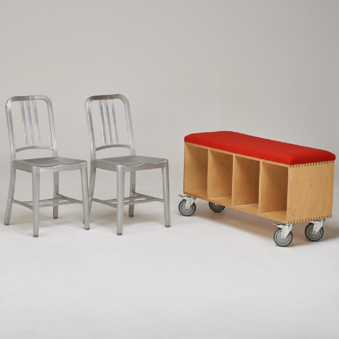 EMECO & OFFI: Pair of side chairs, together with storage bench on casters, USA, latter half of 20th c. Brushed aluminum, birch plywood, wool upholstery Chairs marked Chairs: 34 1/2" x 16" x 20", bench: 23 1/2" x 44