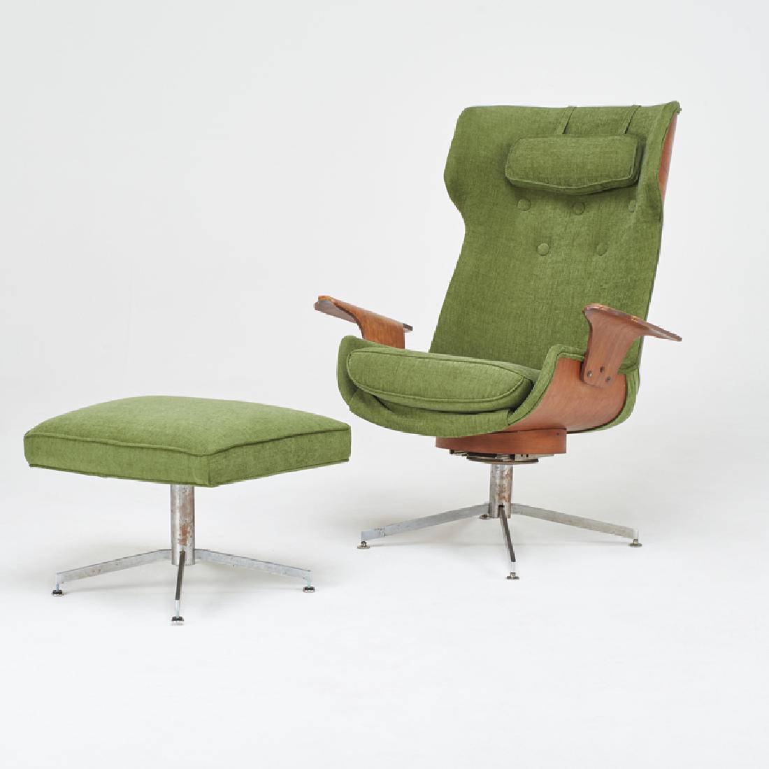 GEORGE MULHAUSER; PLYCRAFT: Lounge chair and ottoman, USA, 1960s Chromed steel, walnut, laminated plywood, upholstery Unmarked Chair: 45" x 38" x 37", ottoman: 18" x 27" x 22"