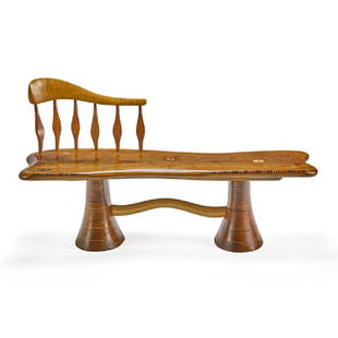 STEVEN SPIRO CARVED BENCH: Sculpted walnut seat with bubinga back, mixed wood inlays, inset geode and nautilus, USA, latter half 20th c. Signed "Spiro '93" 30" x 54 1/2" x 21"