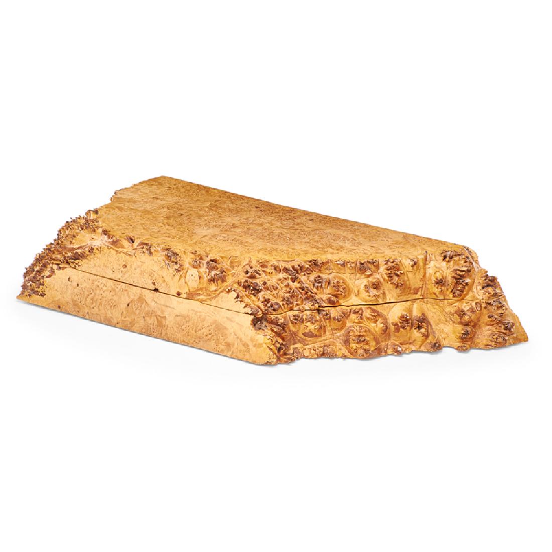 MICHAEL ELKAN NESTING BOX: Large sculptural nesting box, birdseye maple burl, Oregon, 20th c. Branded signature 3 3/4" x 23" x 8 3/4"