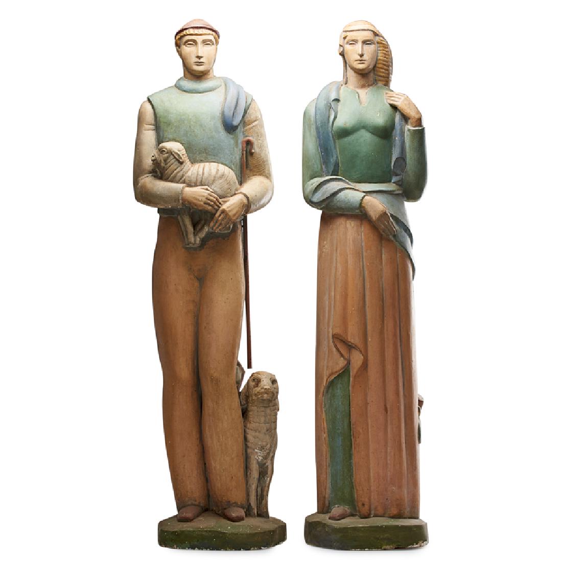 PAIR OF ART DECO PLASTER FIGURES: In the manner of Paul Manship, painted male and female figures, USA, early 20th c. Taller: 39"