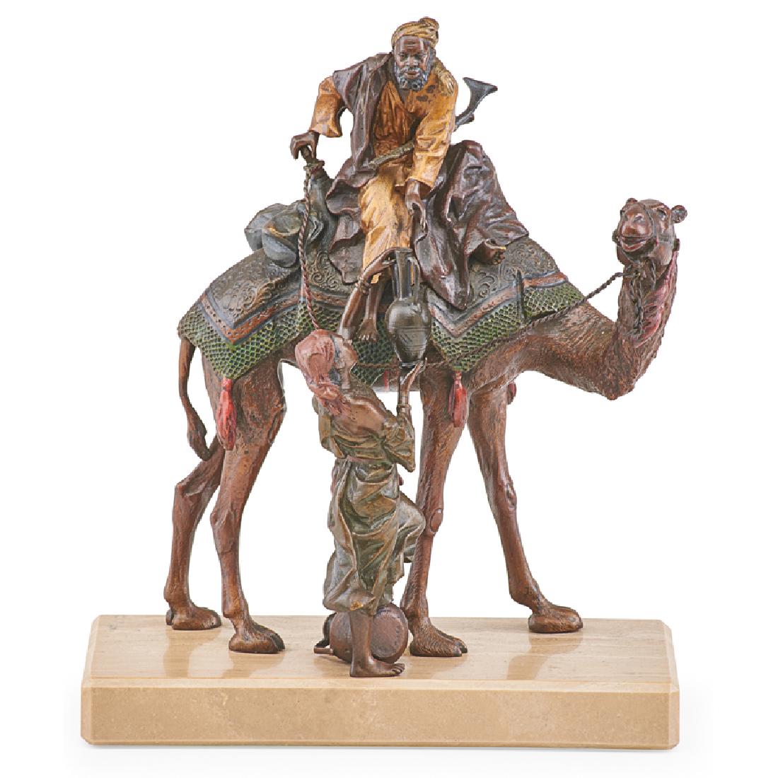 FRANZ BERGMAN (Austrian, 1861-1936): Sculpture of a camel rider receiving water, ca. 1900 Cold-painted bronze on stone base Stamped "B" With base: 9" x 7 1/2" x 3 3/4" Provenance: Al-Mashreq Galleries, London, August 28, 1985 Private col