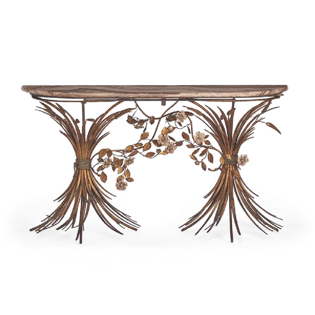 CONTINENTAL GILT METAL CONSOLE: Onyx top on two wheat sheaf supports, probably Italy, 20th c. 31 1/2" x 59 1/2" x 15 1/2"