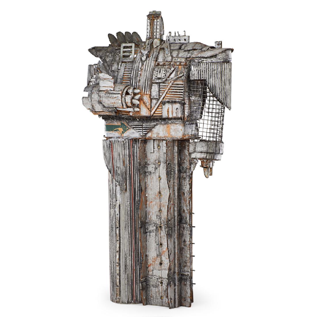 NICK DE ANGELIS (American, 1921-2004): Untitled (Robot) Painted and assembled cardboard, metal wire, metal Unmarked 37" x 21 1/2" x 7"