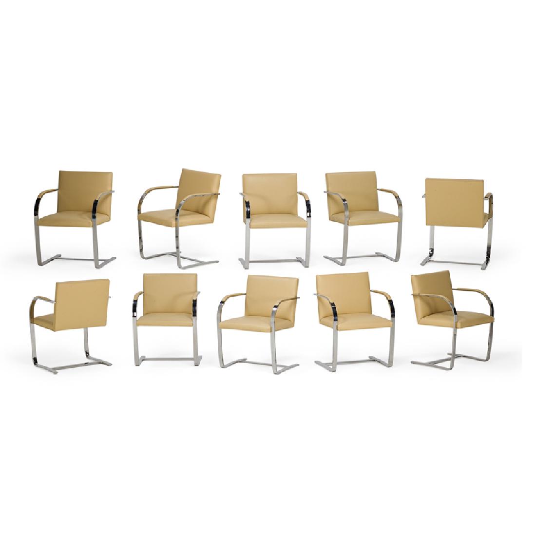 AFTER MIES VAN DER ROHE BRNO ARMCHAIRS: Ten: Made by Brueton, polished stainless steel and leather Manufacturer label to each 31 1/2" x 22 3/4" x 23" each