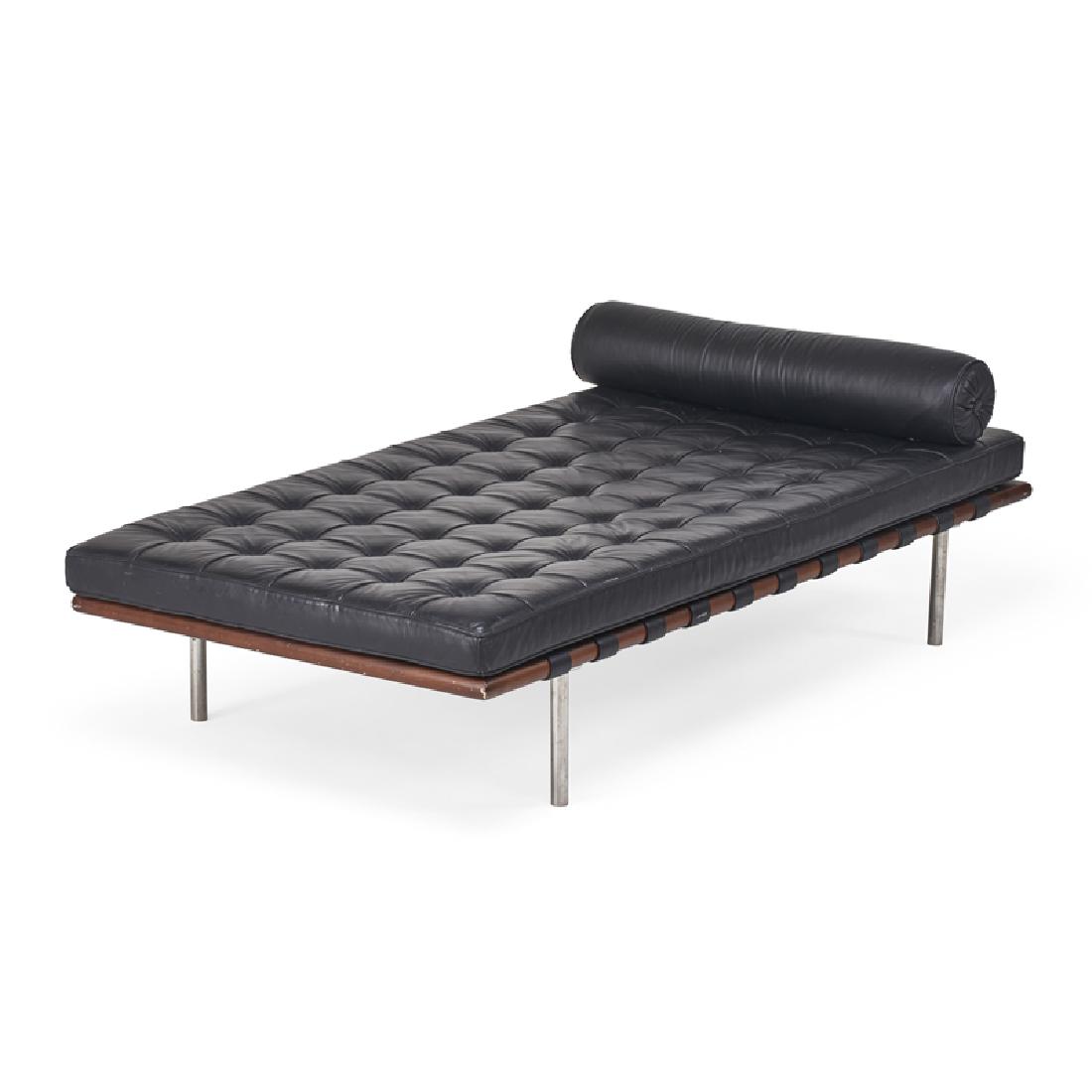 STYLE OF MIES VAN DER ROHE DAYBED: Chromed steel, walnut, and leather upholstery, probably latter half 20th c. Unmarked 24" x 76" x 39"