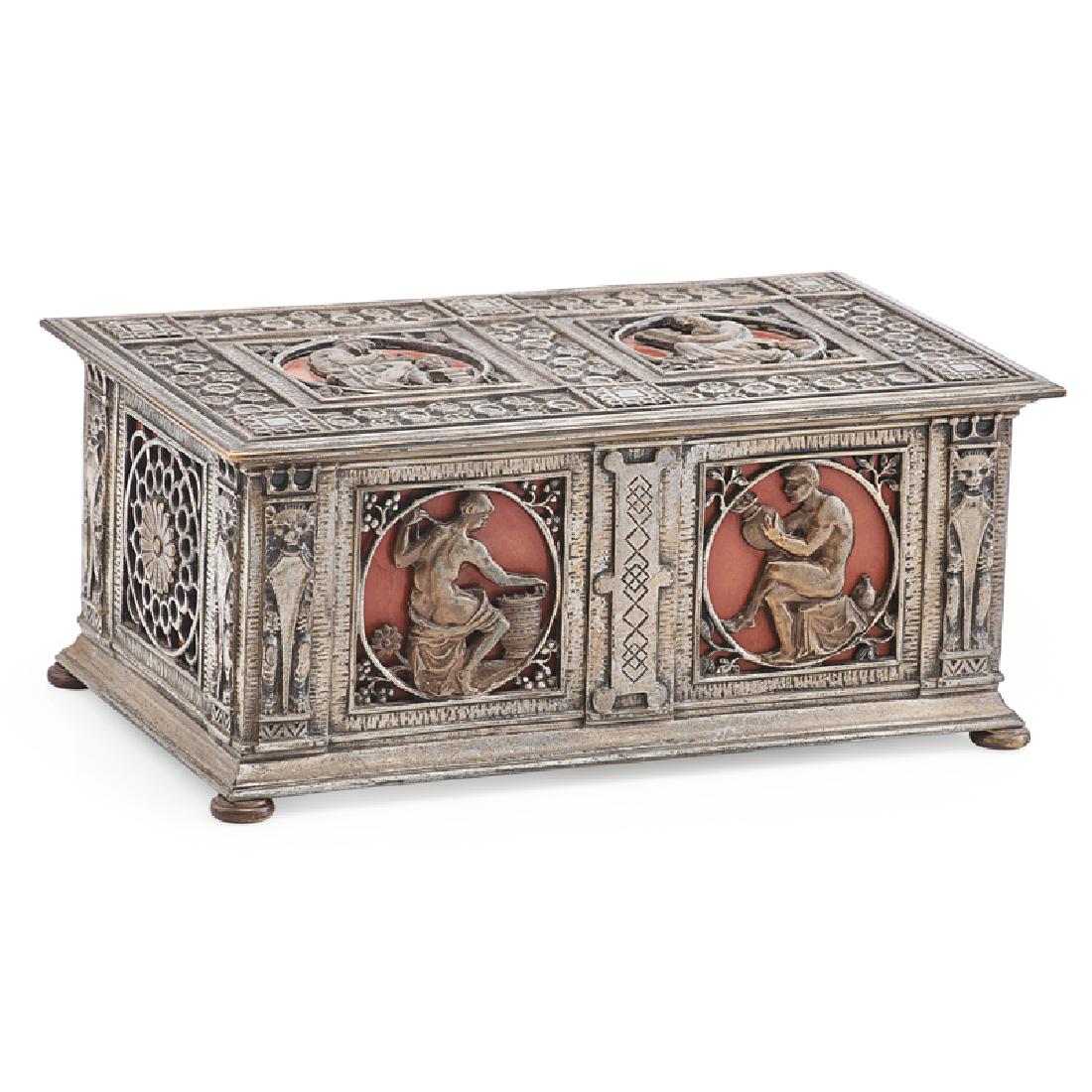 OSCAR BACH HUMIDOR: Painted and patinated bronze, decorated with figures emblematic of the arts, with wood interior, USA, ca. 1926 Unsigned 5" x 11 1/4" x 6 1/2"