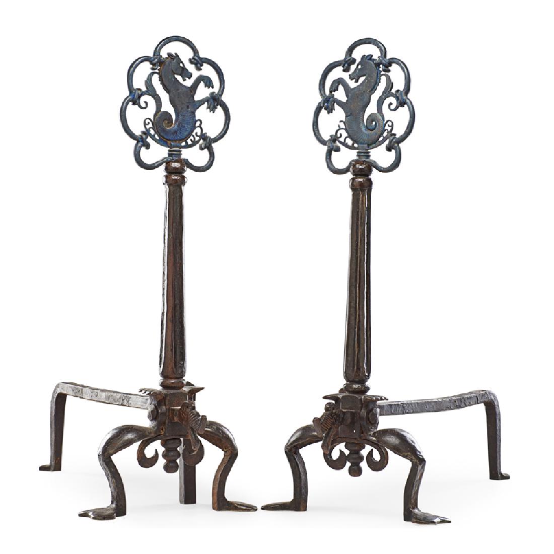 PAIR OF OSCAR BACH (Attr.) ANDIRONS: Patinated bronze, each with seahorse finial, USA, ca. 1926 26 1/4"