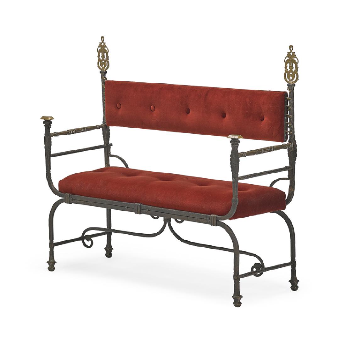 OSCAR BACH SETTEE: Bronze and iron frame with later velvet upholstered back and seat, USA, ca. 1926 44" x 49" x 17"