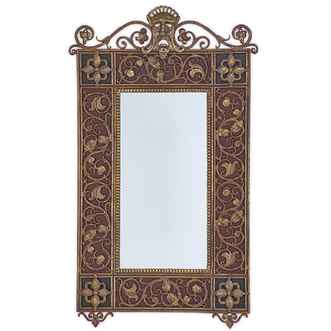 OSCAR BACH MIRROR: Painted and patinated bronze rectangle mirror plate surrounded by foliate scrolls, surmounted by theatrical masks, USA, ca. 1925 Unsigned 31" x 20 1/2"