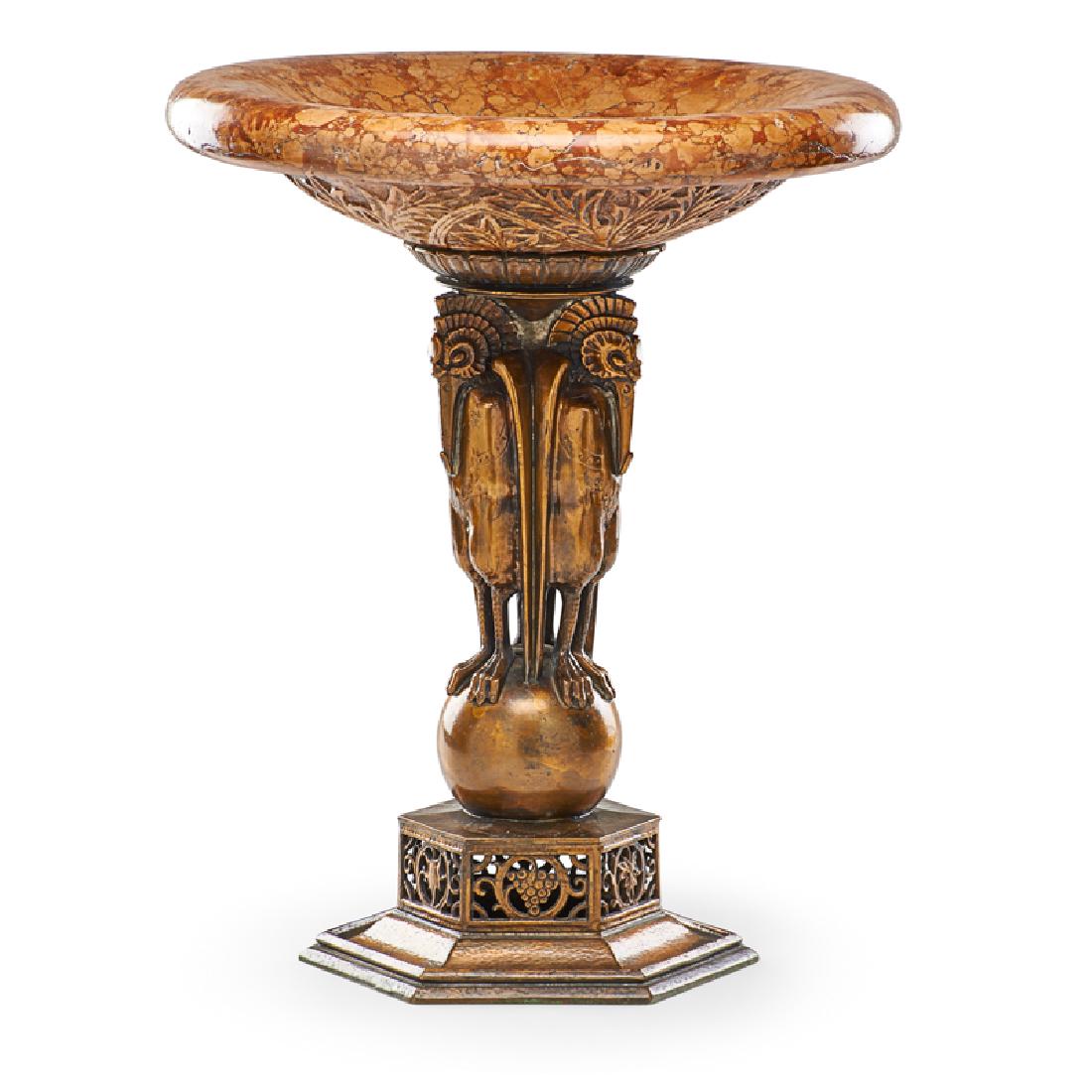 RARE OSCAR BACH TAZZA: Carved liver-veined marble bowl supported by three bronze storks, USA, early 20th c. 17 1/2" x 14 1/4" dia.