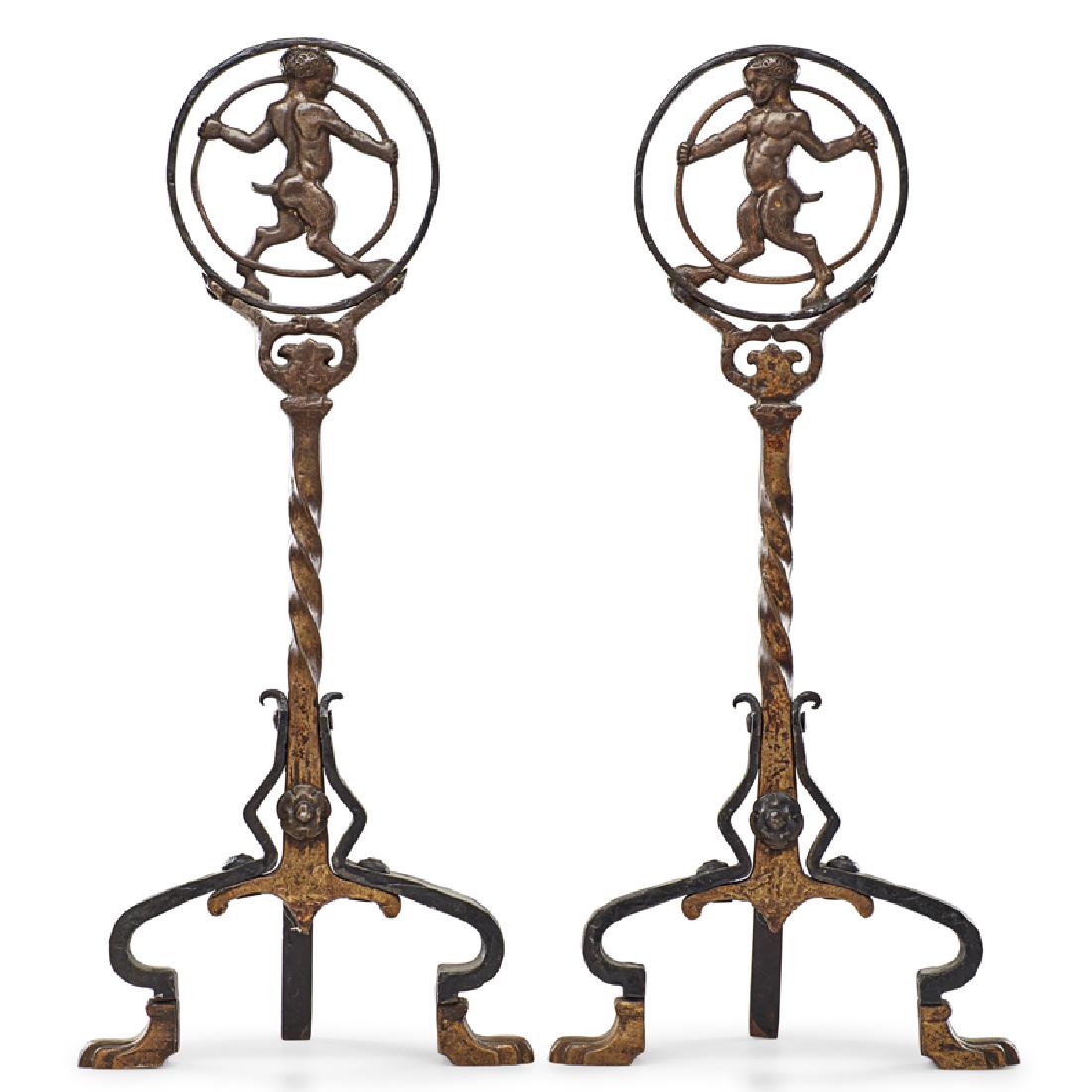 PAIR OF OSCAR BACH (Attr.) ANDIRONS: Patinated bronze and wrought iron, decorated with faun, USA, ca.1924 23 3/4"