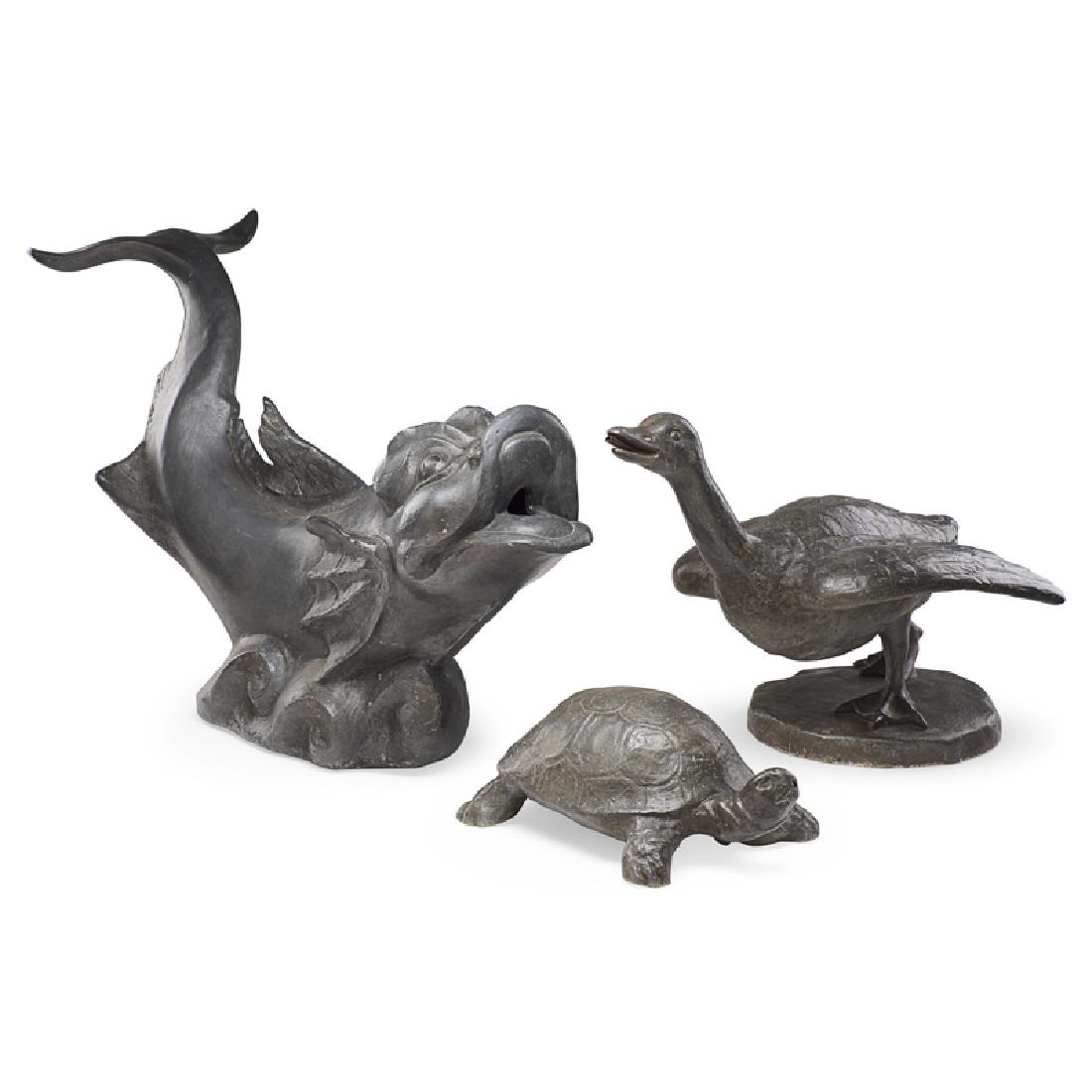 LEAD FOUNTAIN FIGURES: Three: USA, early 20th c. Goose: 14" x 20", turtle: 5 1/4" x 12", dolphin 17" x 27 1/2"