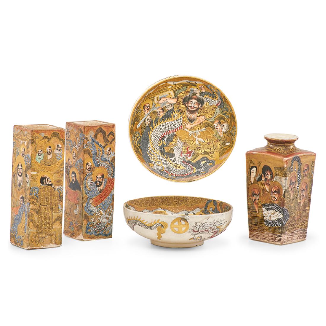 JAPANESE SATSUMA POTTERY: Four: Three square figural vases and dragon-decorated bowl, Japan, 19th c. All marked Pair of vases: 5 1/4" x 1 1/2" sq.