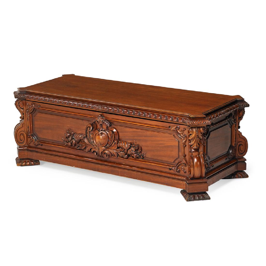 RENAISSANCE REVIVAL MAHOGANY BLANKET CHEST: With a hinged top opening to a plain interior above a carved frieze with cornucopia, USA, early 20th c. 24" x 70" x 31"