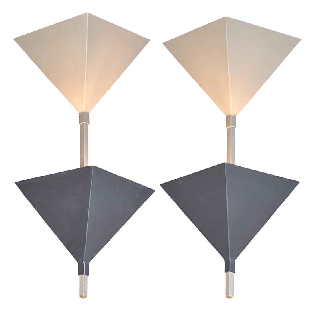 PAIR OF MODERN PENDANT LAMPS: Enameled metal, two halogen bulbs, 1980s Unmarked 26" x 9 1/2" sq.