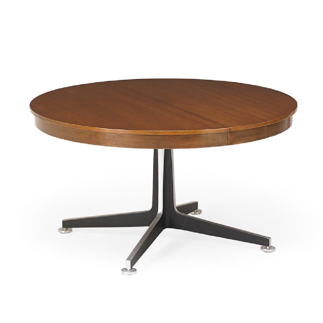 WARD BENNETT DINING TABLE & CHAIRS: Dining table and six armchairs, polished and enameled aluminum, lacquered walnut, chromed steel, suede, USA, 1970s Unmarked Table: 29 1/2" x 54" dia., chairs: 31 1/2" x 21 1/2" x 24", three leaves: 18