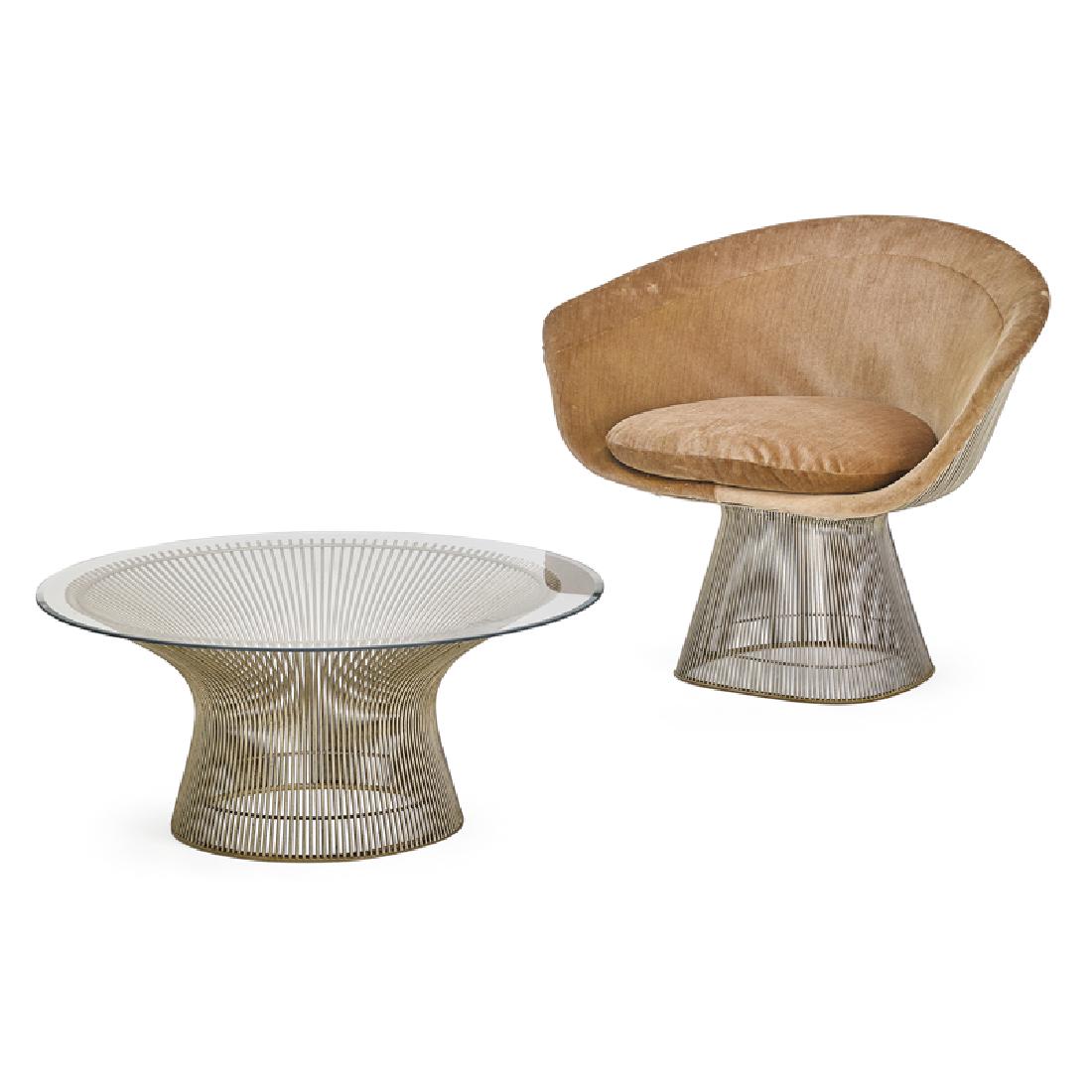 WARREN PLATNER LOUNGE CHAIR AND COFFEE TABLE: Chromed steel, glass and upholstery, USA, 20th c. Chair 30" x 36" x 26"