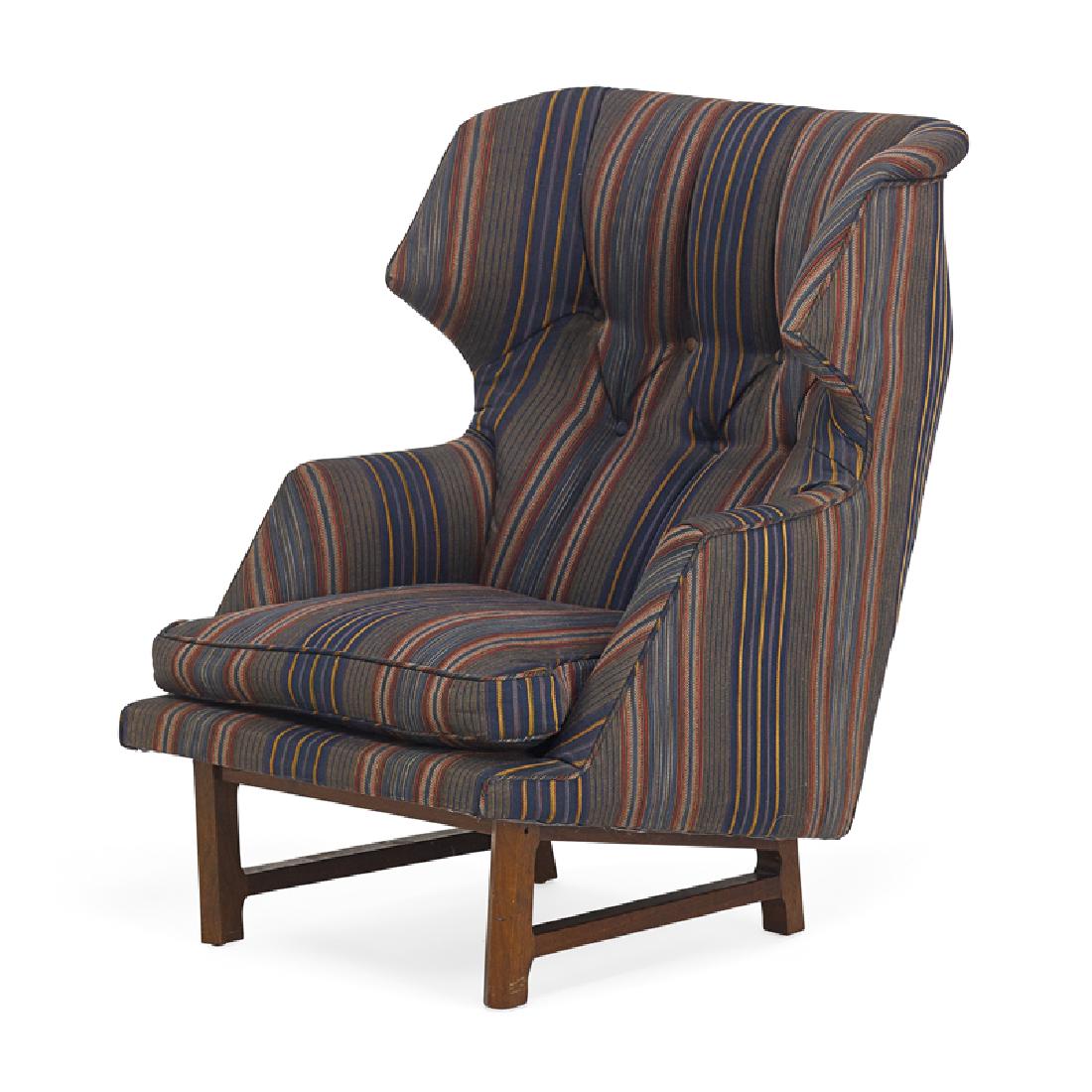 EDWARD WORMLEY FOR DUNBAR TALL BACK LOUNGE: Model 5761, Mahogany, upholstery, Berne, IN, mid 20th c. Unmarked 39" x 29 1/2" x 37"