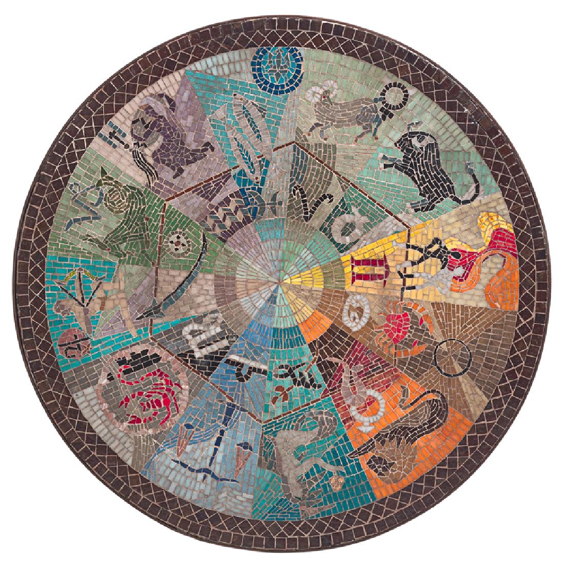 STYLE OF EVELYN ACKERMAN MOSAIC TOP COFFEE TABLE: Astrological mosaic coffee table, enameled wrought iron, glass tiles, 20th c. Unmarked 14 1/2" x 41" dia.