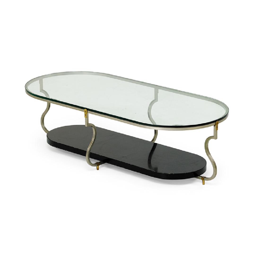 TOMMI PARZINGER COFFEE TABLE: Matte-chromed steel, brass, lacquered wood, New York, 1960s Unmarked 17" x 58" x 26 1/2"
