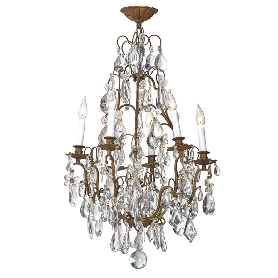 PAIR OF LOUIS XV STYLE BRONZE AND ART GLASS CHANDELIERS: Each hung with pendants 32" to cap, 19 1/2" dia.