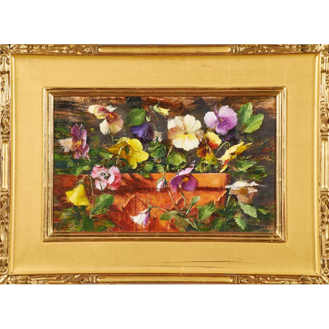 ROBERT JOHNSON (American, b. 1942): Pansies in a Terra Cotta Planter Oil on panel (framed) Signed 10" x 16"