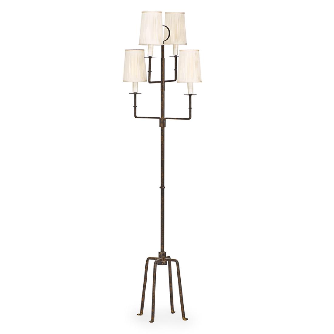 TOMMI PARZINGER FLOOR LAMP: Wrought iron, four light with shades, USA, mid 20th c. Unmarked 65"