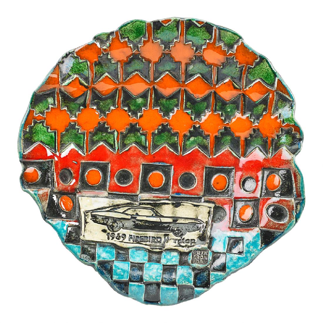 ERIK GRONBORG EARTHENWARE CHARGER WITH FIREBIRD HARDTOP: 1969 Pontiac Firebird Hardtop, California Signed 3" x 14 1/2" x 14"