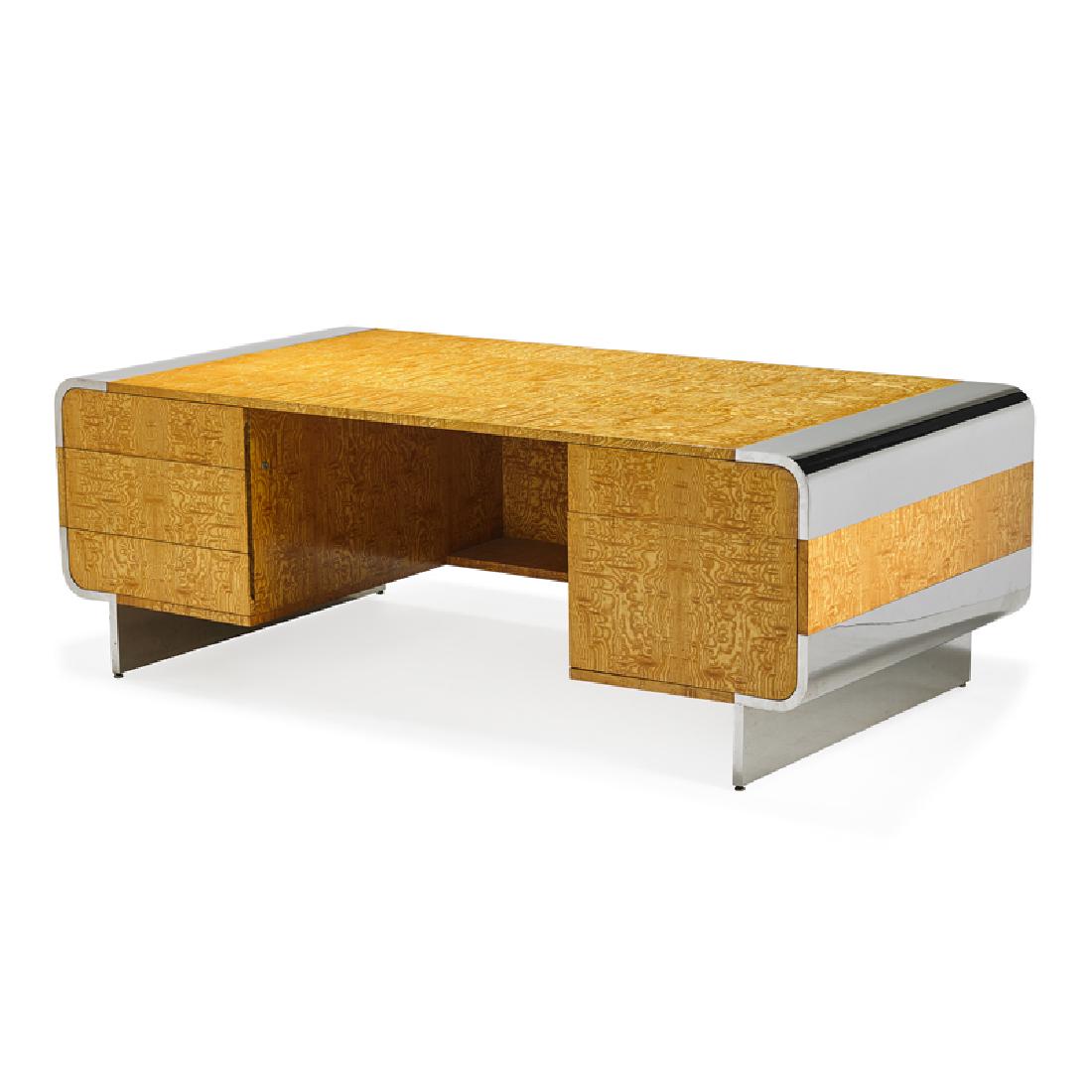 LEON ROSEN FOR PACE EXECUTIVE DESK: Curly maple, polished stainless steel, New York, late 20th c. Unmarked 29" x 84" x 42"