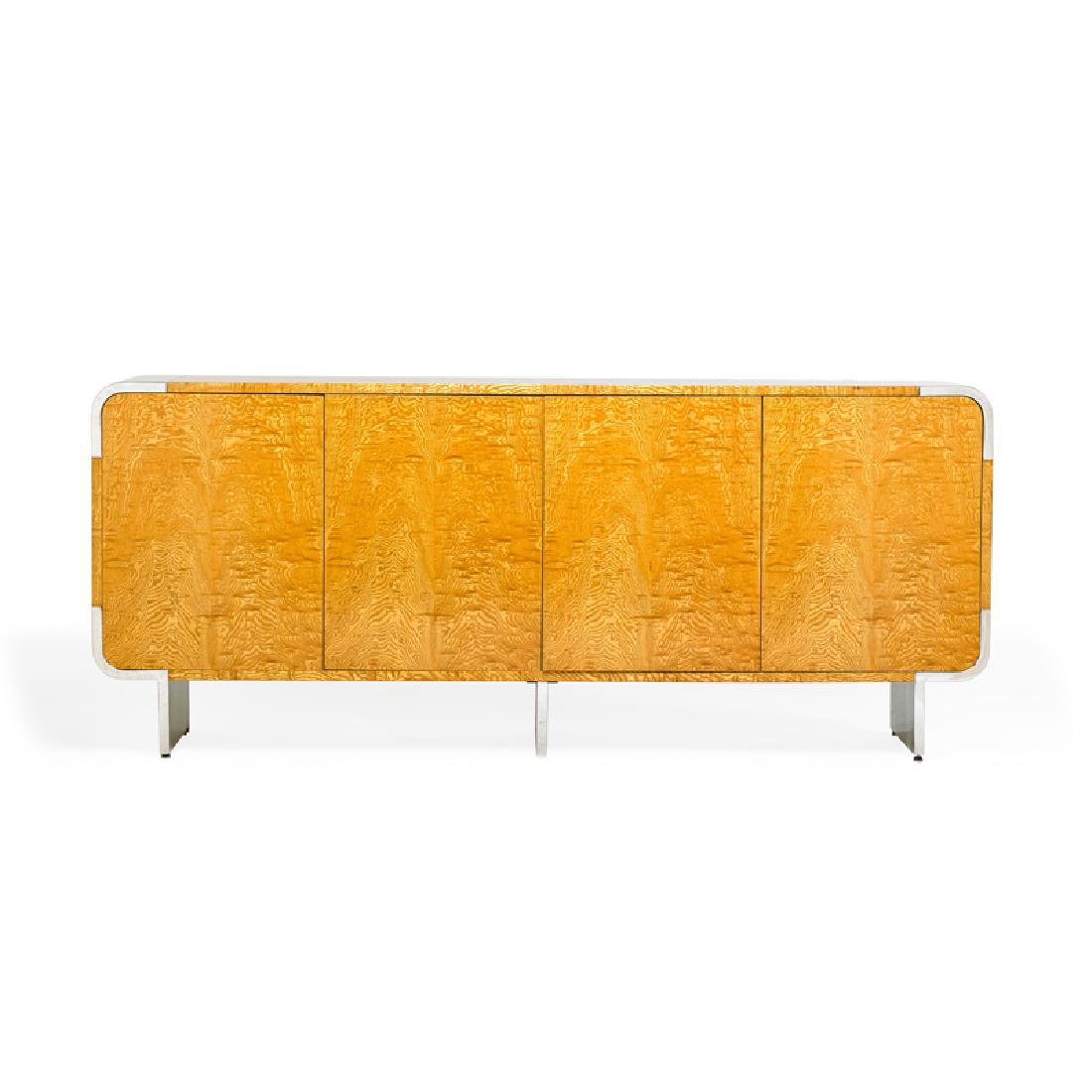 LEON ROSEN FOR PACE CABINET: Tiger maple, polished stainless steel, New York, 1980s Unmarked 35 1/2" x 84" x 19"