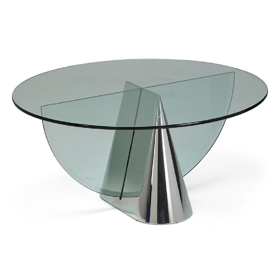 BRUETON PINNACLE DINING TABLE: Polished stainless steel and glass table, USA, late 20th c. Unmarked 29" x 60" dia.
