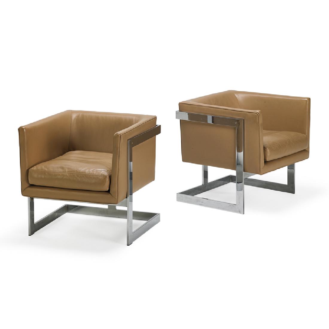 PAIR OF MILO BAUGHMAN FOR THAYER COGGINS LOUNGE CHAIRS: Vinyl and chromed steel, Highpoint, NC, late 20th c. Unmarked 25 1/2" x 24 1/2" x 26" each