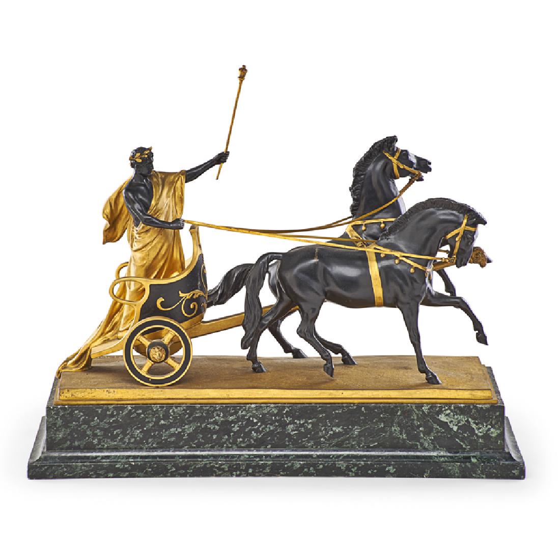 GILT AND PATINATED BRONZE FIGURAL GROUP: Depicting a Roman on chariot, raised on a green marble base, Continental, early 20th c. Signed H. Muller 16 1/2" x 23 1/2" x 10"